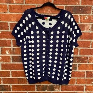 Fervour Womens 3X Navy Blue Polka Dot Scallop Trim Cardigan Sweater